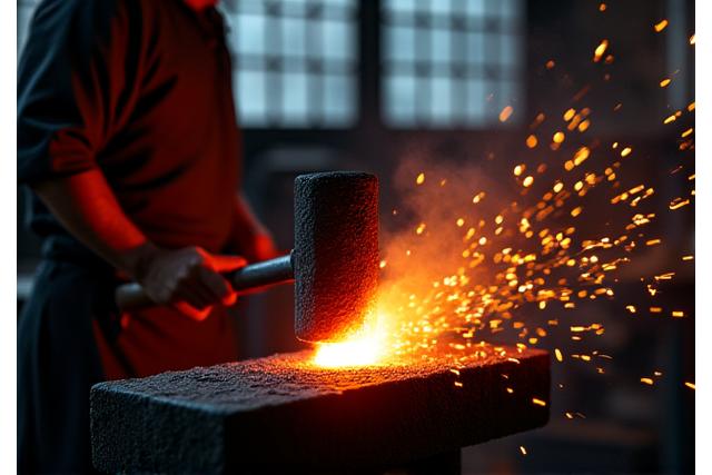 真っ赤に熱した鉄をハンマーで叩く鍛冶職人